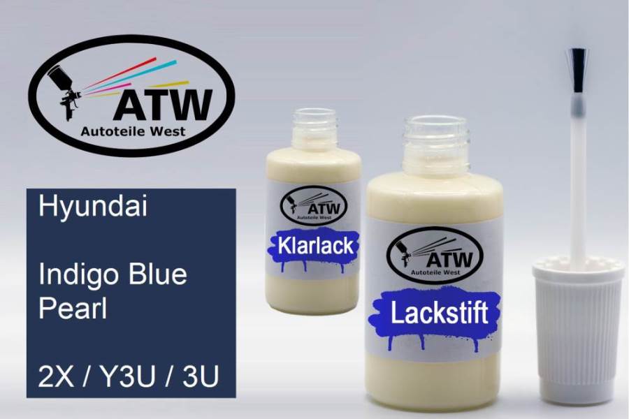Hyundai, Indigo Blue Pearl, 2X / Y3U / 3U: 20ml Lackstift + 20ml Klarlack - Set, von ATW Autoteile West.